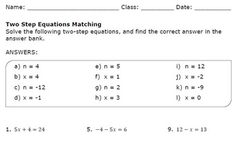 Two Step Equations Matching Worksheet by doolittlemath | TpT