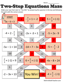 Two Step Equations Maze Worksheets By Rethink Math Teacher Tpt