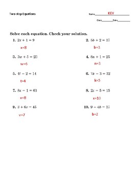Two Step Equations Quiz/Assessment (Answer Sheet Included) | TpT