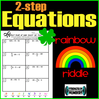 Preview of Two-Step Equations Riddle Worksheet Self Checking Rainbow St. Patricks