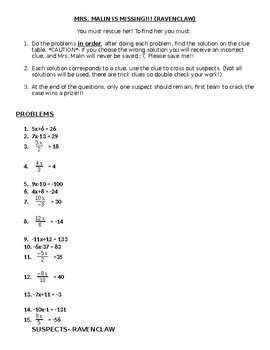 Preview of Two Step Equations Save the Teacher Mystery Game