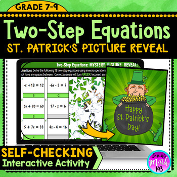 Preview of Two-Step Equations St. Patrick's Day Fun Digital Mystery Reveal