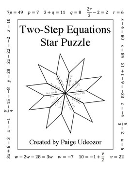 Preview of Two-Step Equations Star Puzzle