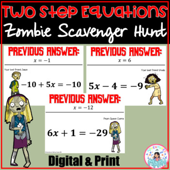 Preview of Two Step Equations Zombie Scavenger Hunt Activity Digital and Printable