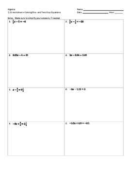 Two-Step Equations w/ Fractions & Decimals Worksheet and Answer Key (A1.2b)