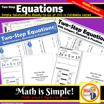 Preview of Two-Step Equations with Integers, Decimals & Fractions - Foldable Notes