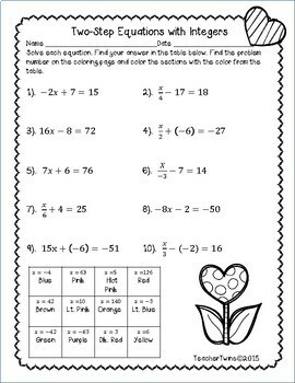 Two-Step Equations with Integers Valentine's Coloring Sheet by Teacher
