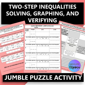 Preview of Two Step Inequalities Solving Graphing and Verifying Jumble Puzzle Activity