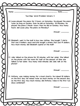 Two Step Word Problem 3rd Grade Worksheets Add Subtract ...