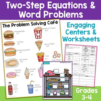 Preview of Two Step Word Problems Worksheets and Centers Math Menu Two Step Equations