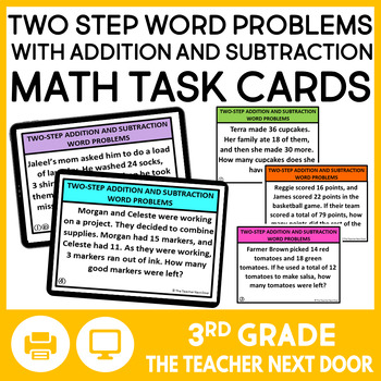 Preview of 3rd Grade Two Step Word Problems Add and Subtract Task Cards - Problem Solving