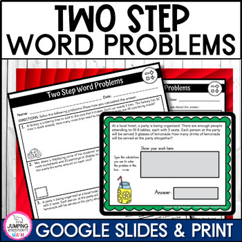 Preview of Two Step Word Problems with All Four Operations Google Slides and Worksheets