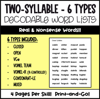Preview of Two- Syllable Fluency Word Lists ( 6 Syllable Types ) - Phonics - No Prep!