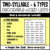 Two- Syllable Fluency Word Lists ( 6 Syllable Types ) - Ph