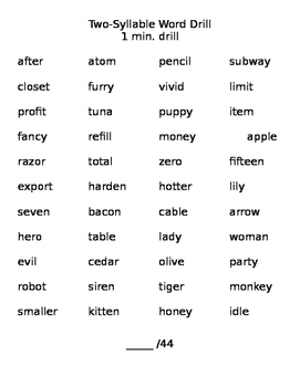 Syllable List Of Words