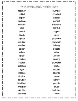 Two Syllable Word List by BeeKindTeaching | Teachers Pay ...