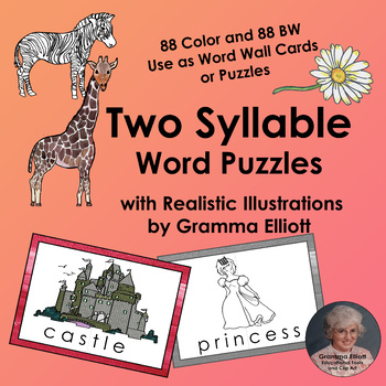 Preview of Two Syllable Word Cards for Puzzles and Word Rings, in Color and BW