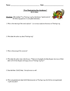 Two Thanksgiving Day Gentlemen Worksheet Or Test With Detailed Answer Key