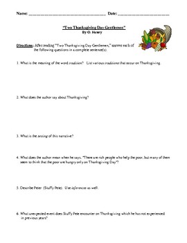 Preview of "Two Thanksgiving Day Gentlemen" Worksheet (or Test) with Detailed Answer Key