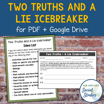 Preview of Two Truths and a Lie Icebreaker Activity (for PDF + Google Drive)