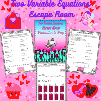 Preview of Linear Equations Two Variables | Escape Room | Valentines Day | 6/7/8 Grade Math