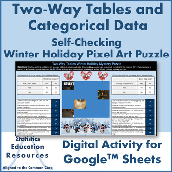 Preview of Two-Way Tables Categorical Data Winter Holiday Pixel Art Puzzle (Common Core)
