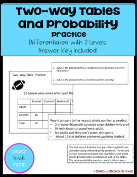 Preview of Two-Way Tables and Probability Practice - Differentiated - With Key