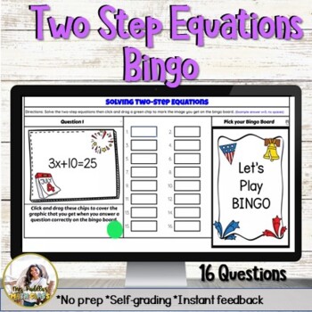 Preview of Two-step Equations 4th of July BINGO Digital Activity | Printable Task Cards