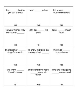 Two, To, Too Homophone Game By Kaila Morgan 