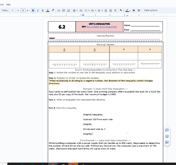 Preview of Two variable term inequality scaffolded notes