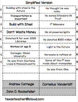 Preview of Tycoons of the 1800s Card Sort Rockefeller, Vanderbilt, & Carnegie