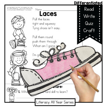 Preview of Tying Shoes Poem - Growth Mindset Reading with Coordinating Writing Unit & Craft