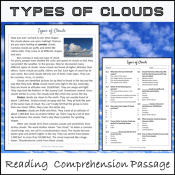 Preview of Types Of Clouds Reading Comprehension Passage and Questions - Printable PDF