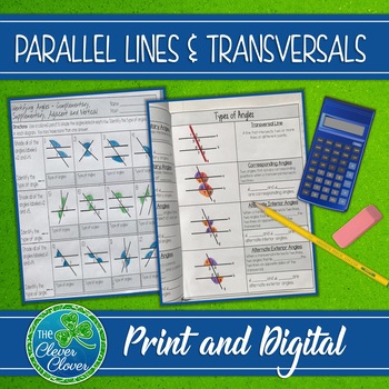 Preview of Parallel Lines, Transversals & Angles - Notes and Worksheet - Print and Digital