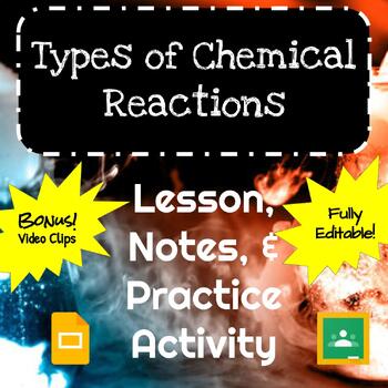 Preview of Types of Chemical Reactions Lesson, Notes, and Practice Activity; Bonus Videos!