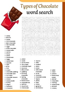 Types of Chocolate word search Puzzle worksheet activities for kids,