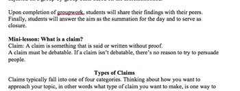 Preview of Types of Claims - Common Core Lesson Plan, Activity, & Handouts