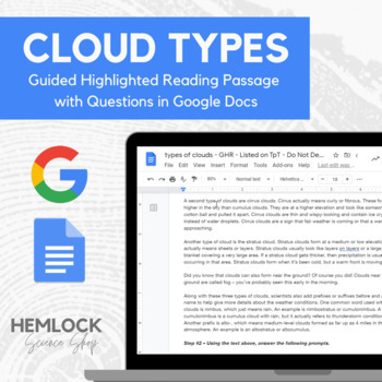 Preview of Types of Clouds - Guided Reading with Questions in Docs | REMOTE LEARNING