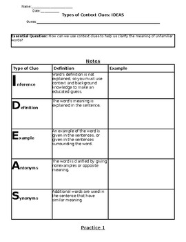 Preview of Types of Context Clues (IDEAS) Worksheet
