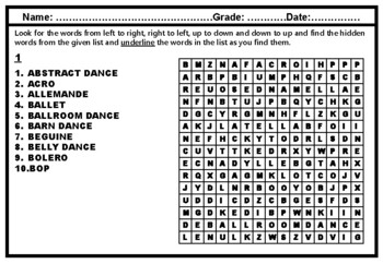 Preview of Types of Dance Word Search Worksheets, No Prep Sub Plan, Distance Learning