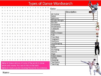 Preview of Types of Dance Wordsearch Sheet Starter Activity Keywords Dancing Performing