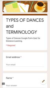 Preview of Types of Dances and Terminology Google Form Quiz for Distance Learning.
