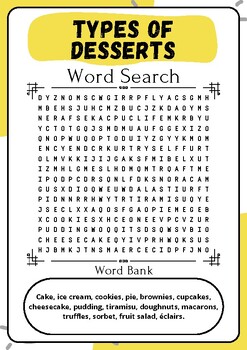 Types of Desserts : Word Search Puzzle Challenge - Printable Activity Sheet