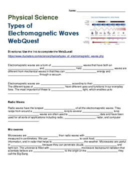 Preview of Types of Electromagnetic Waves WebQuest
