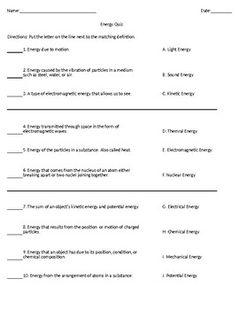 Preview of Types of Energy Matching Quiz