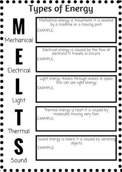 Preview of Types of Energy Note Worksheet 