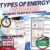 Types of Energy Warm Ups & Bell Ringers, NGSS 6-8 Science,