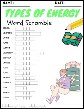 Preview of Types of Energy Word Scramble Puzzle Worksheets Activities For Kids
