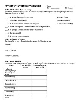 Types of Energy Worksheet by Live Action Science | TpT