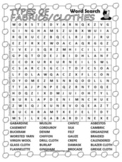 Types of Fabrics/Clothes Word Search Puzzle